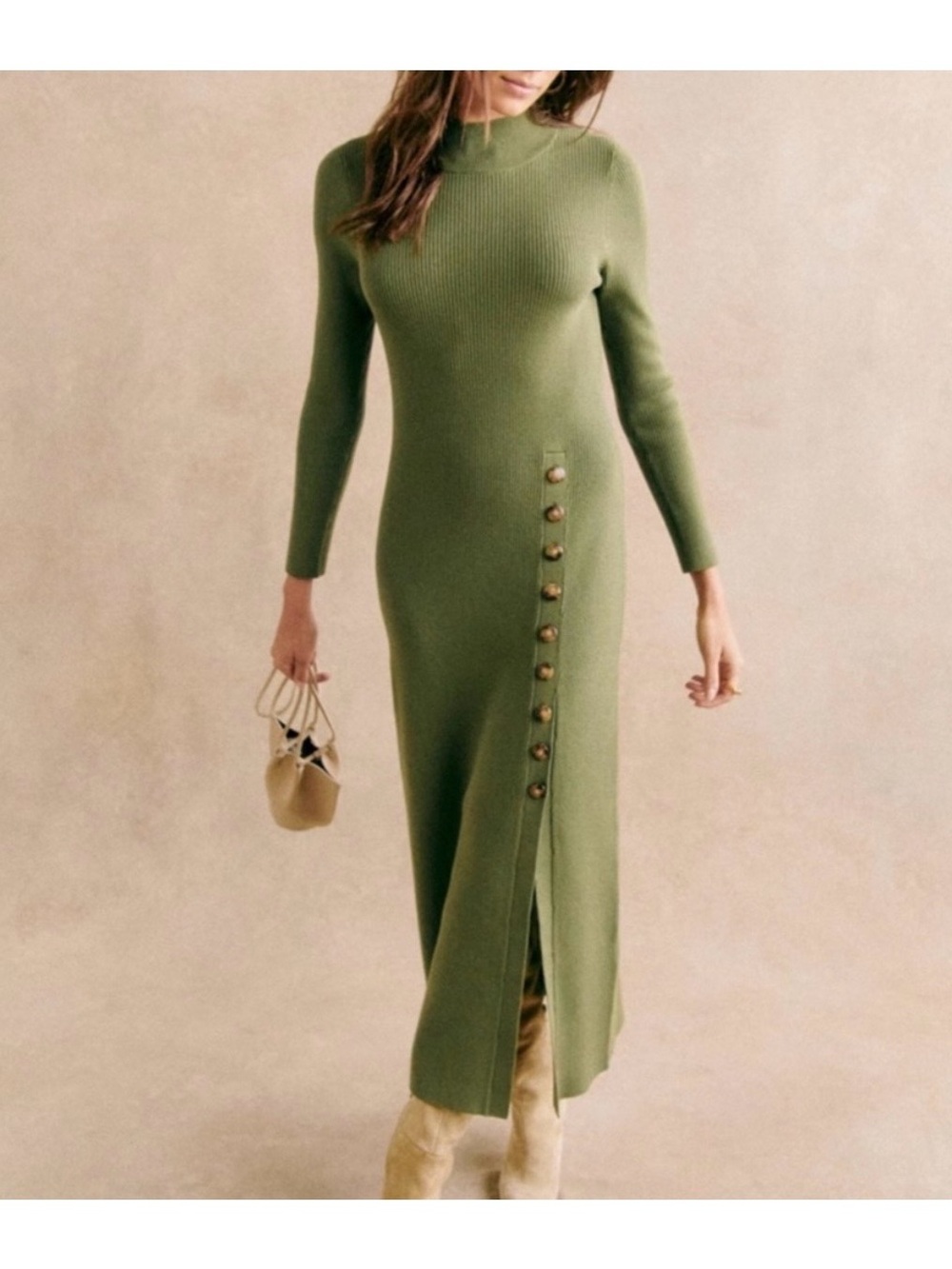 Sézane Harper Midi Knit Dress - Moss Green